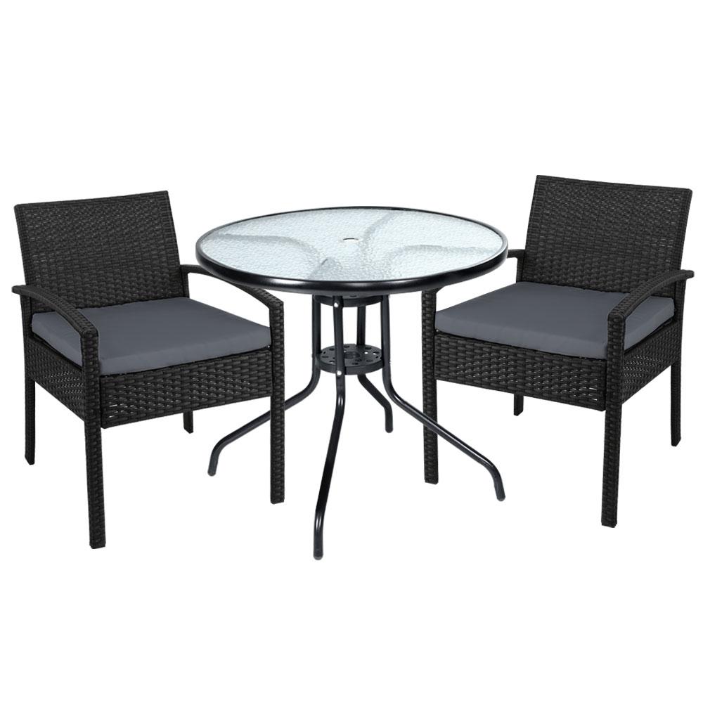 Gardeon 3PC Bistro Set Outdoor Furniture Rattan Table Chairs Cushion Patio Garden Felix
