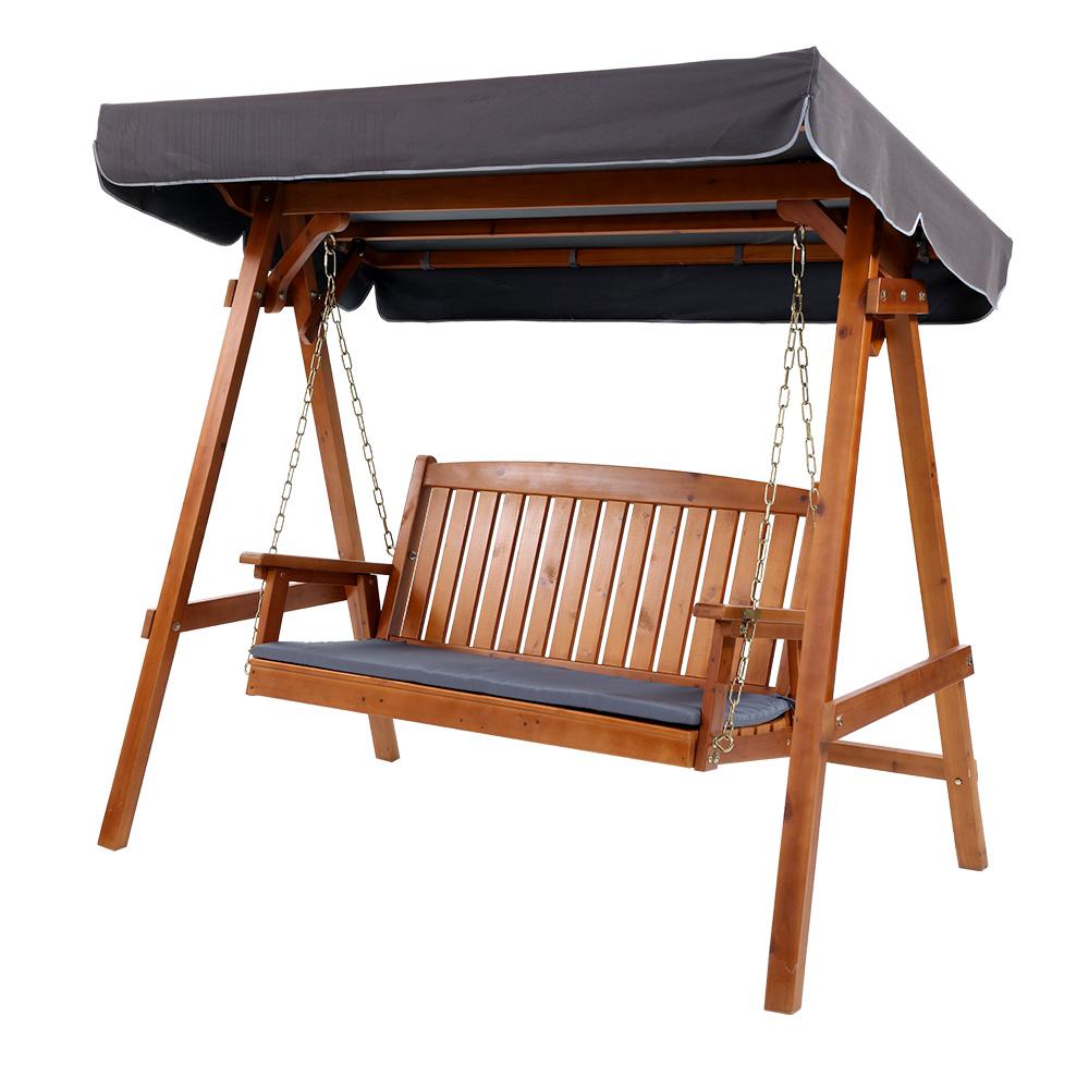 Gardeon Outdoor Wooden Swing Chair Garden Bench Canopy Cushion 3 Seater Teak