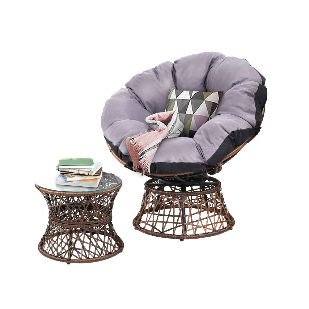 Gardeon Outdoor Lounge Setting Papasan Chair Wicker Table Garden Furniture Brown