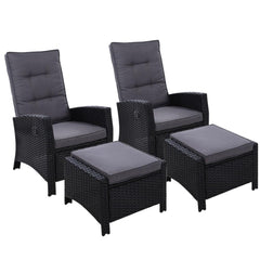 Gardeon 2PC Recliner Chairs Sun lounge Wicker Lounger Outdoor Furniture Adjustable Grey