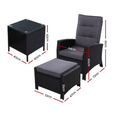 Gardeon 5PC Recliner Chairs Table Sun lounge Wicker Outdoor Furniture Adjustable Black