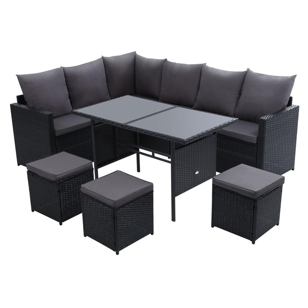 Gardeon Outdoor Furniture Dining Setting Sofa Set Lounge Wicker 9 Seater Black