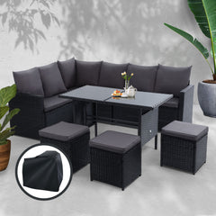 Gardeon Outdoor Dining Set Sofa Lounge Setting Chairs Table Ottoman Black Cover