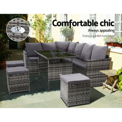 Gardeon Outdoor Furniture Dining Setting Sofa Set Lounge Wicker 9 Seater Mixed Grey