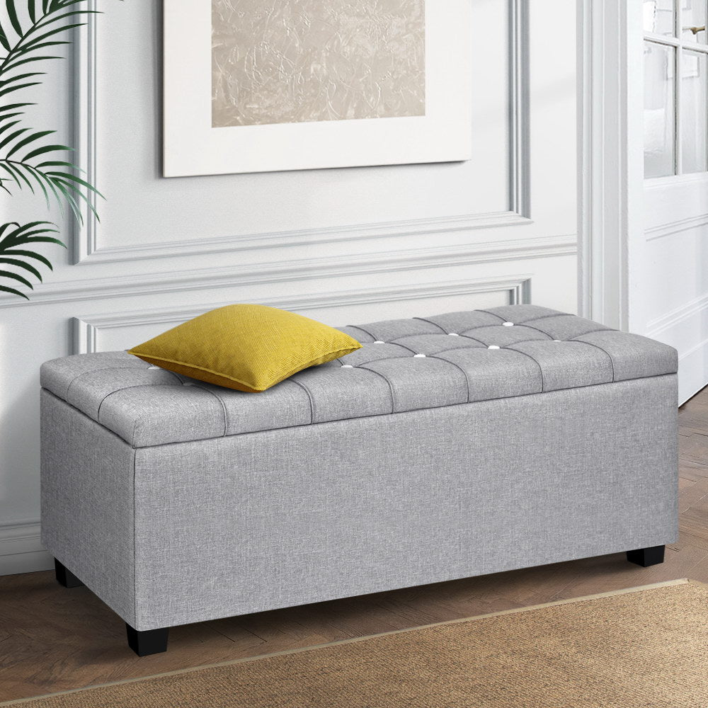 Artiss Storage Ottoman Blanket Box 97cm Button Linen Grey