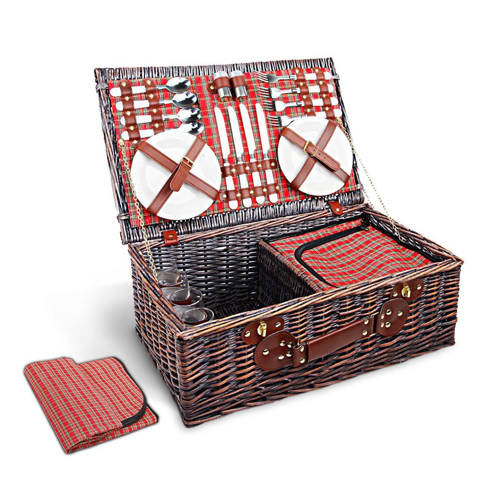 Alfresco 4 Person Picnic Basket Set Insulated Blanket Bag Red