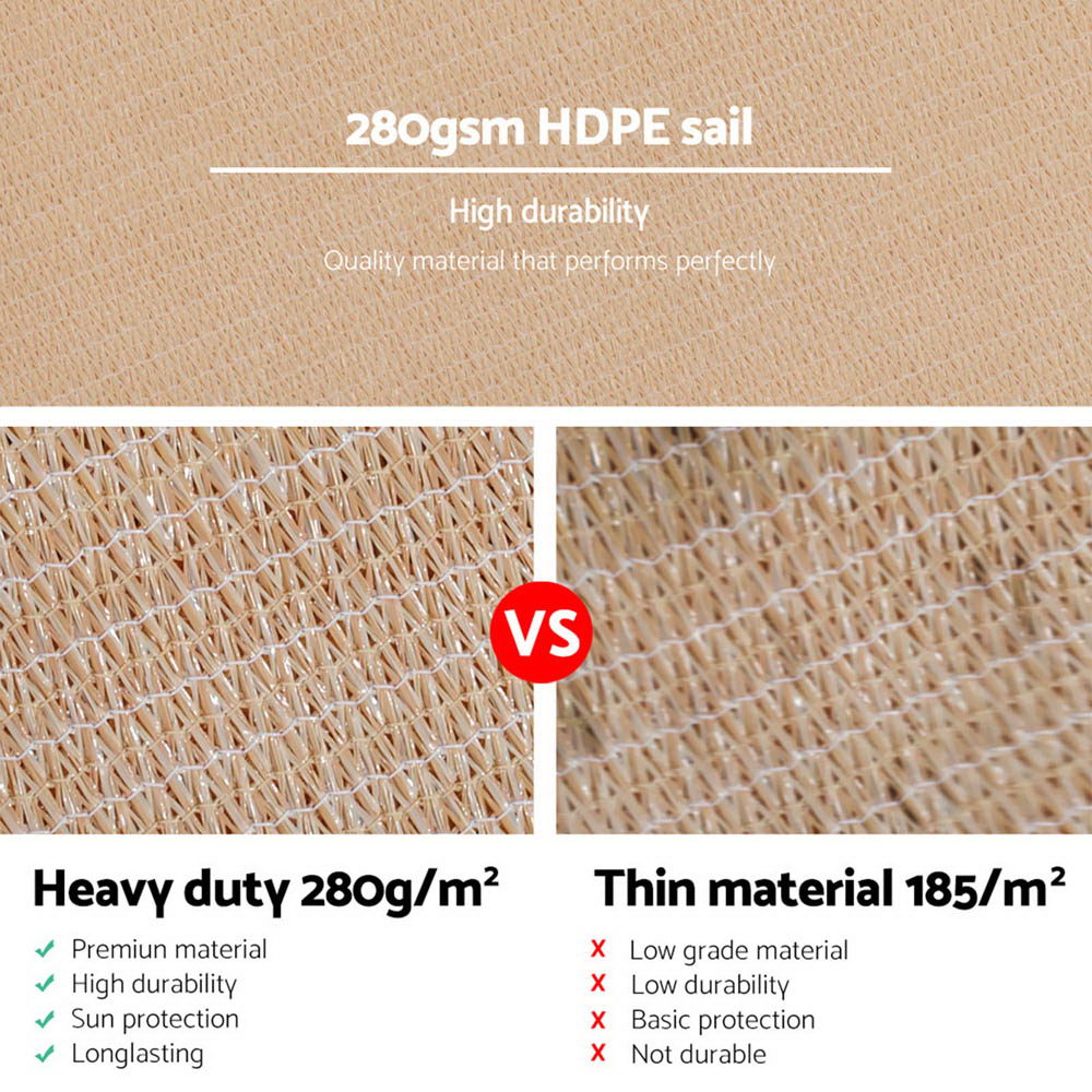 Instahut Shade Sail 6x6m Rectangle 280GSM 98% Sand Shade Cloth
