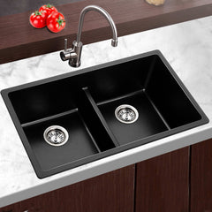 Cefito Stone Kitchen Sink 790X460MM Granite Under/Topmount Basin Double Bowl Black