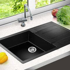 Cefito Stone Kitchen Sink 860X500MM Granite Under/Topmount Basin Bowl Laundry Black