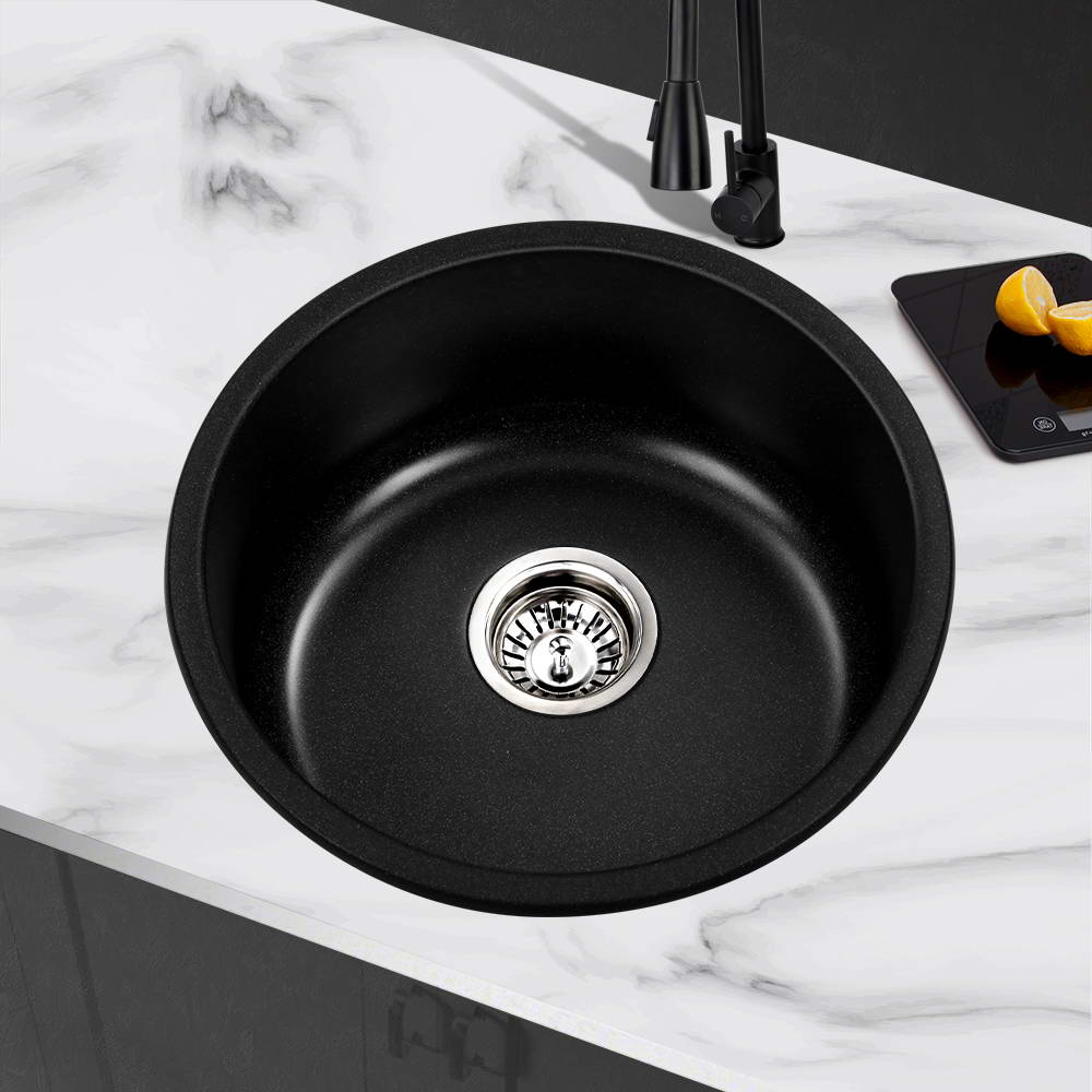 Cefito Stone Kitchen Sink Round 430MM Granite Under/Topmount Basin Bowl Laundry Black