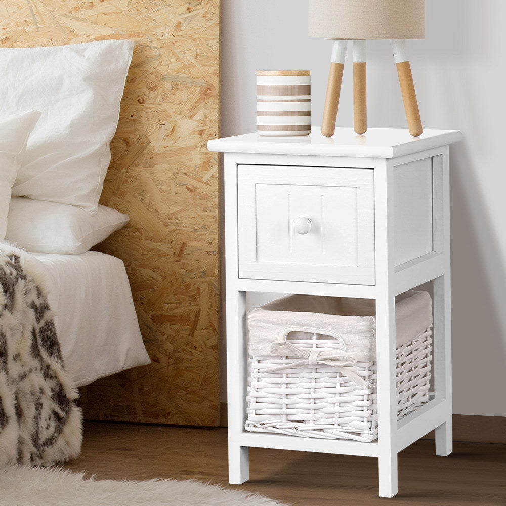 Artiss Bedside Table 1 Drawer with Basket Rustic White X2