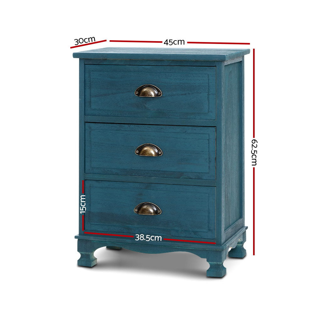 Artiss Bedside Table 3 Drawers Vintage - THYME Blue