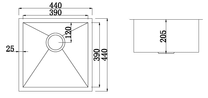 440x440mm Handmade Stainless Steel Undermount / Topmount Kitchen Laundry Sink with Waste