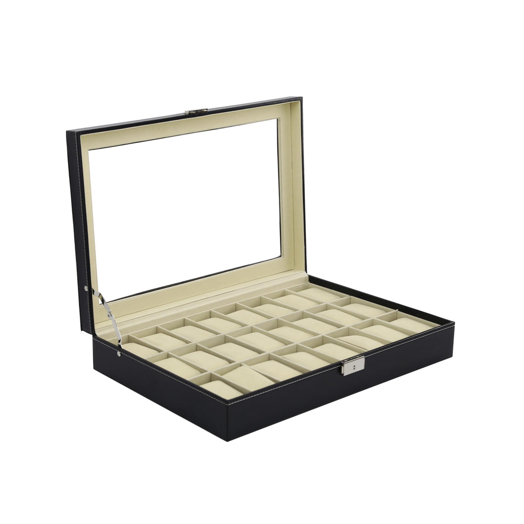 Watch Box - 24 Slot Luxury Display Case With Framed Glass Lid