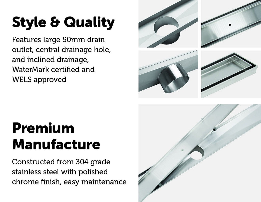 800mm Tile Insert Shower Bathroom Stainless Steel Grate Drain w/Centre outlet Floor Waste