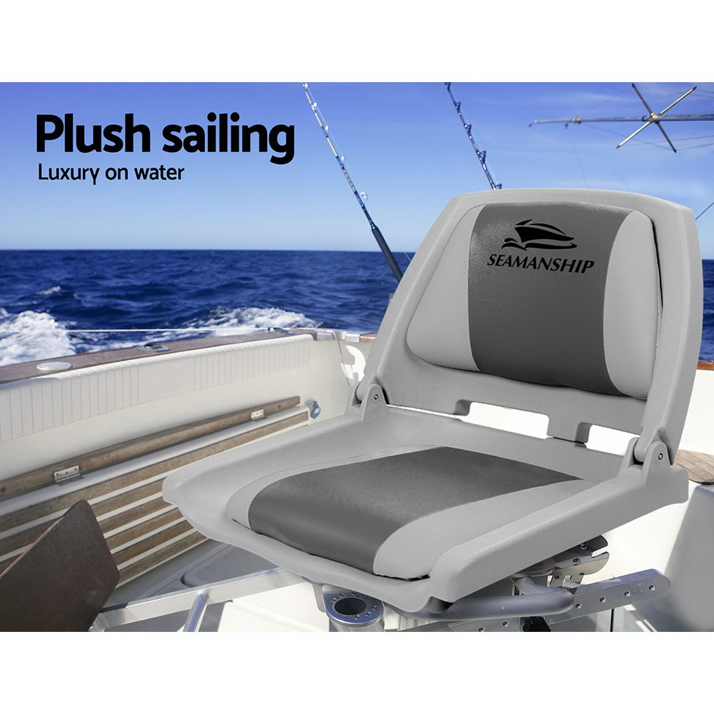 Seamanship 2X Folding Boat Seats Marine Seat Swivel Low Back 4cm Padding Grey